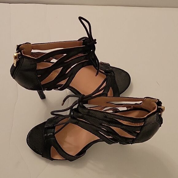 WILD DIVA LOUNGS GIVE ME  FEVER BLACK SNAKESKIN LACE-UP HEELS SANDAL - Picture 6 of 13